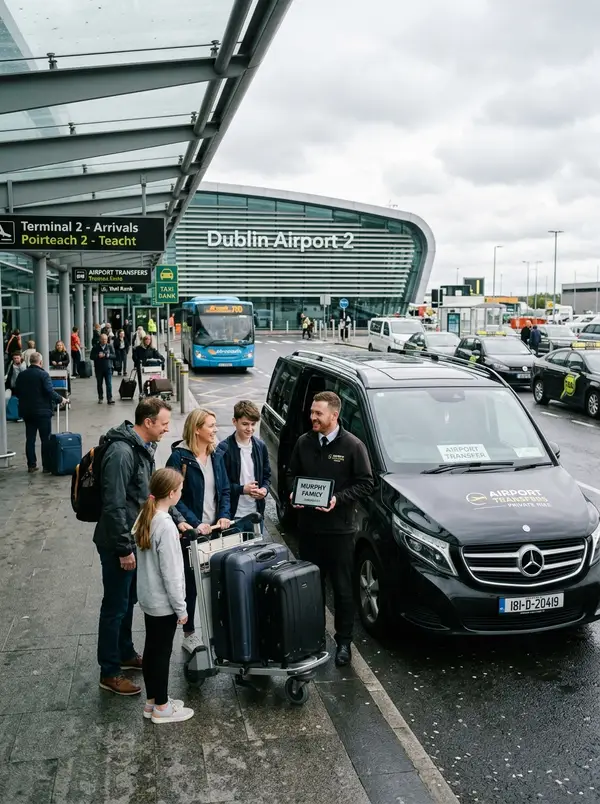 Driver meeting a family with a name sign outside Dublin Airport