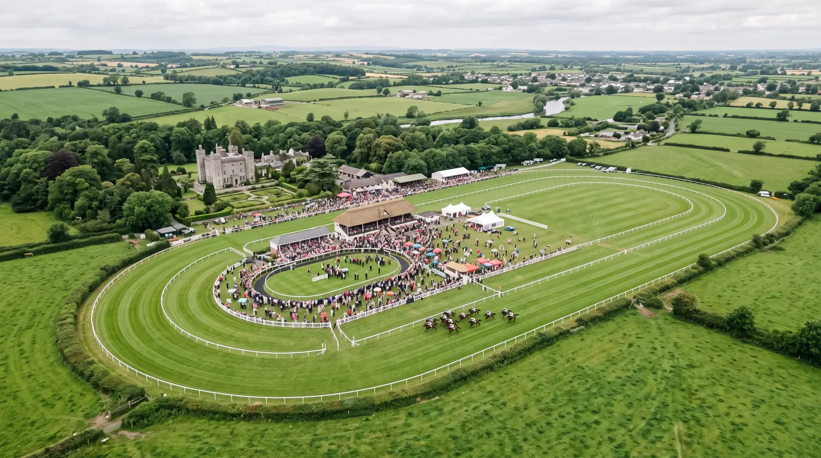 Aerial view of a Co. Louth race course on race day