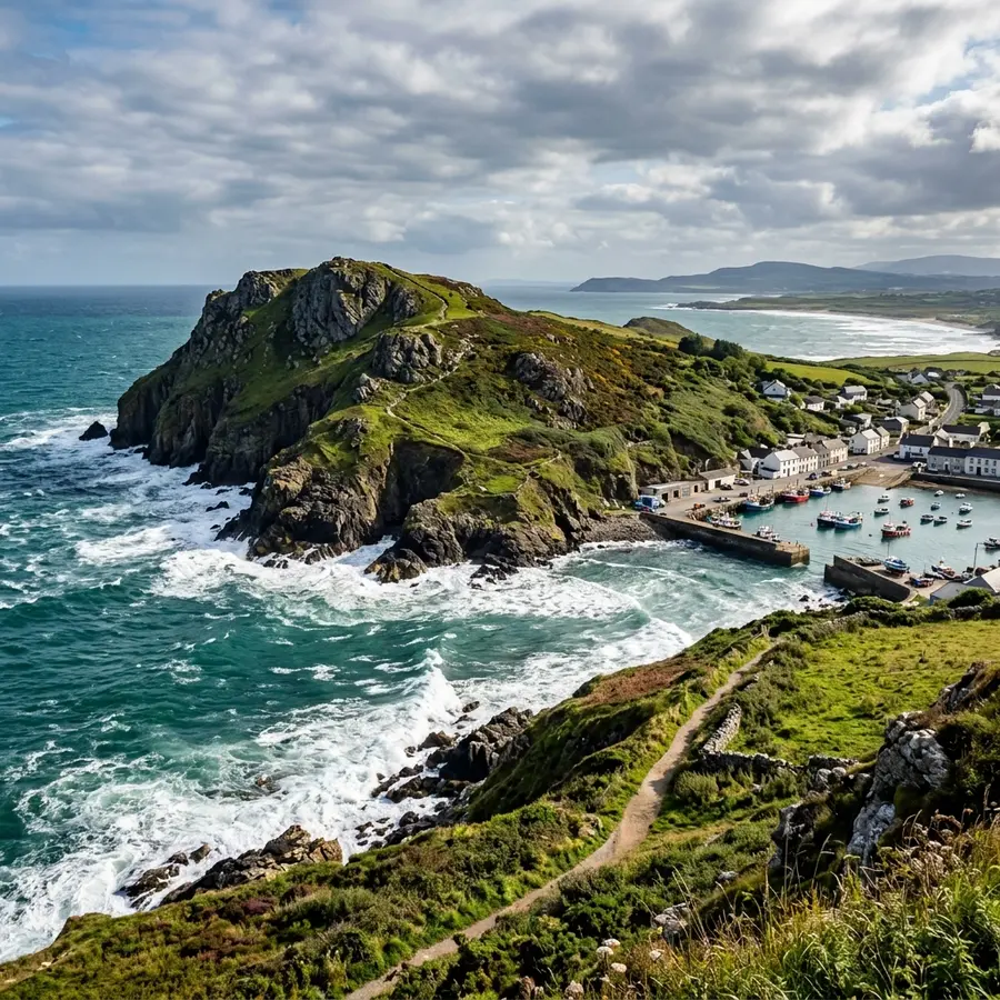 Aerial view of the headland and harbour at Clogherhead