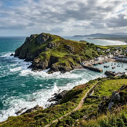 Aerial view of the headland and harbour at Clogherhead