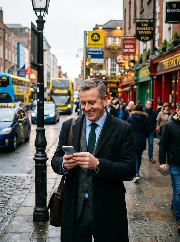 Businessman checking his phone on a Dublin street