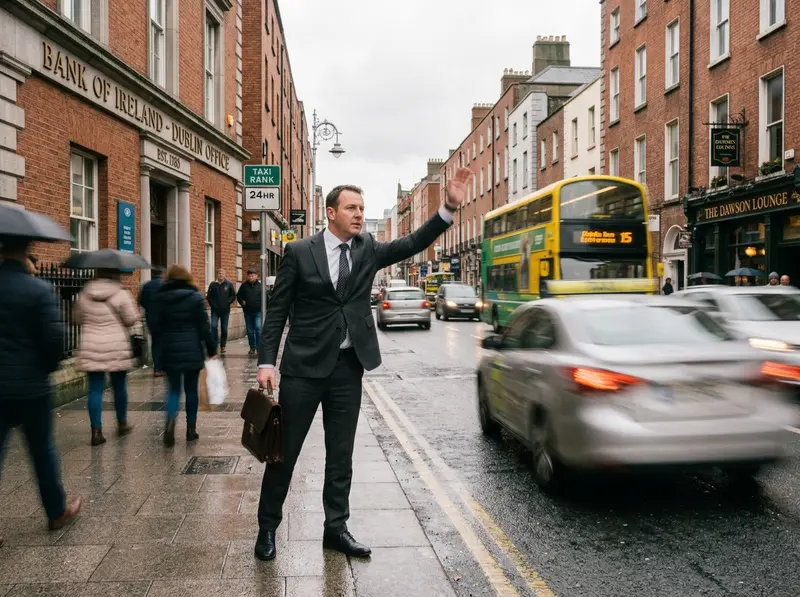 Businessman hailing a taxi on a Dublin street