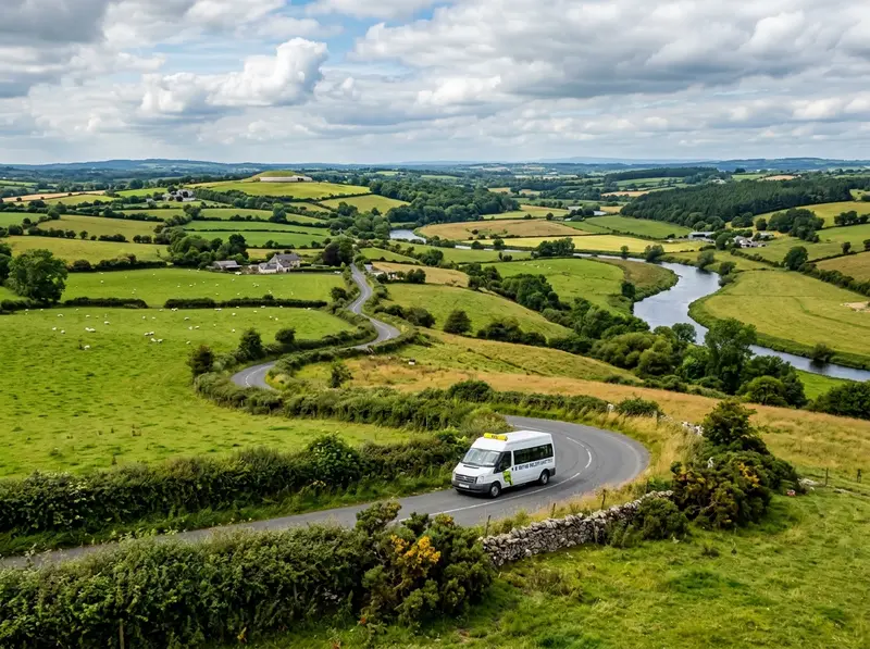 Minibus on a country road through the Boyne Valley