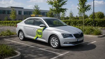 Tony's Cabs executive saloon taxi, a Skoda Superb, parked in a car park