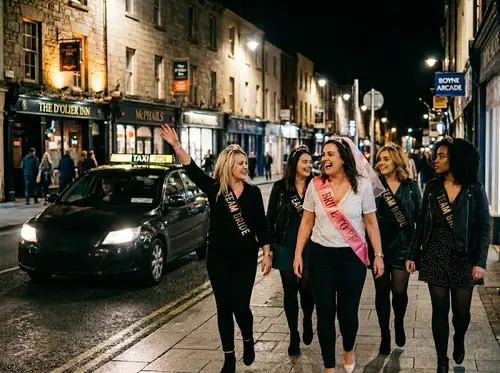 Hen party walking through town at night with a taxi alongside