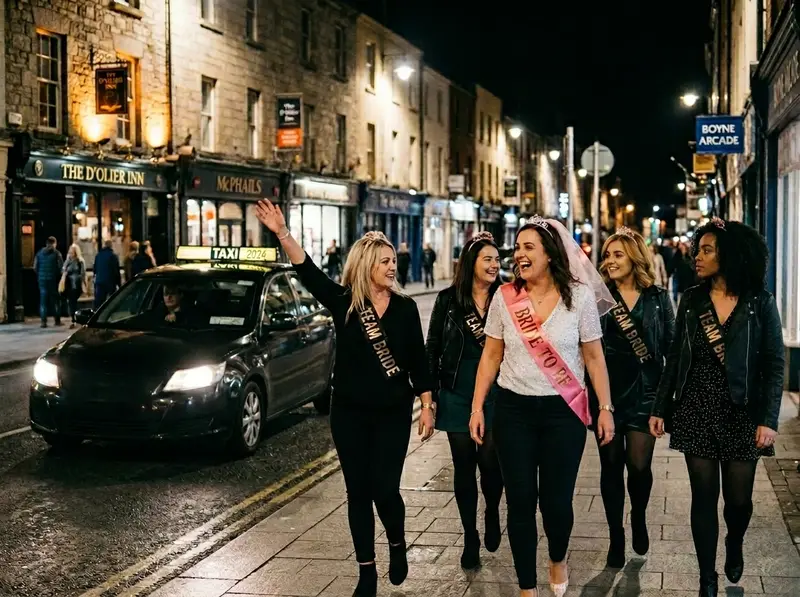 Hen party walking through town at night with a taxi alongside