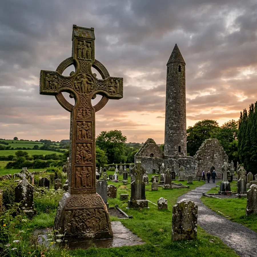 Muiredach's High Cross and the round tower at Monasterboice at dusk