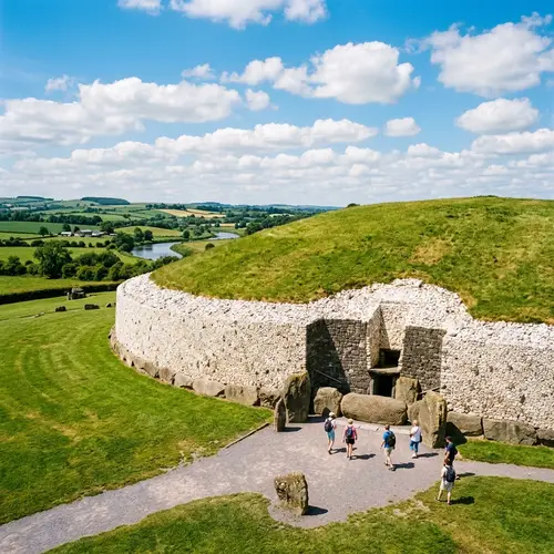 Visitors approaching the entrance stone at Newgrange passage tomb
