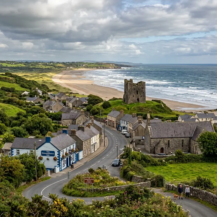 Coastal village and tower house above the beach at Termonfeckin