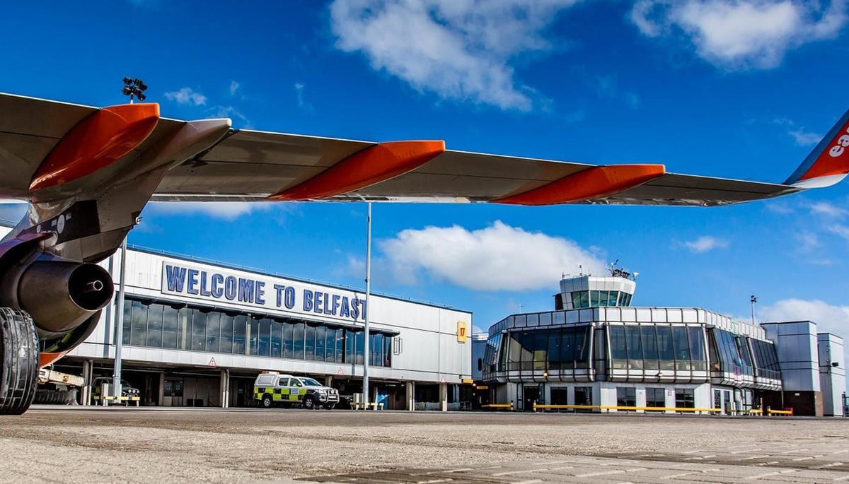 Aircraft wing on the apron at Belfast International Airport